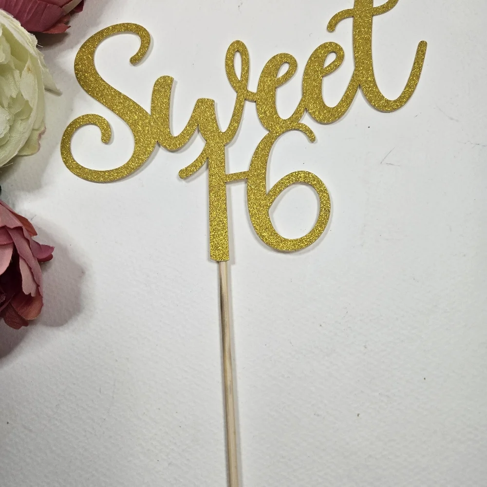 Gold Sweet 16 Cake Topper. 16th Birthday Cake Topper. Cake Party Decoration.